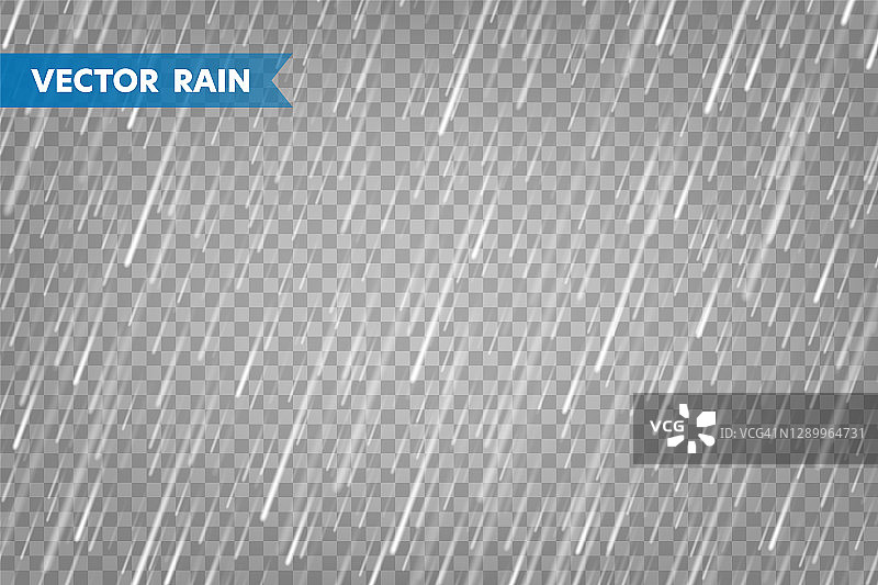真实的雨纹理上透明的背景。降雨，水滴效应。秋天潮湿的雨天。矢量图图片素材