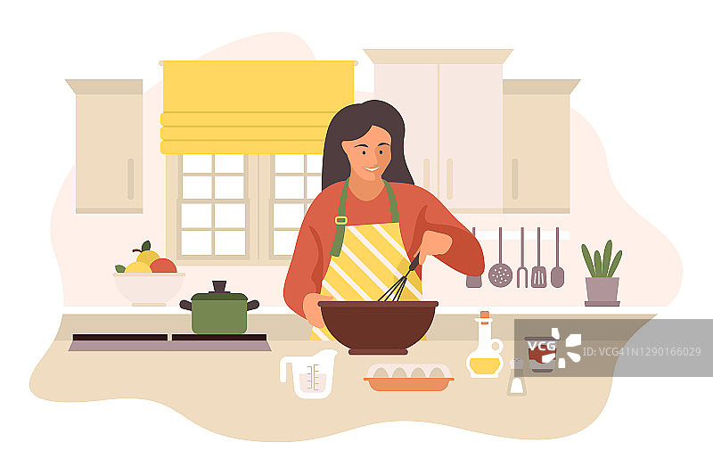 快乐美丽的年轻女子穿着围裙在舒适明亮的现代厨房做饭。矢量平面插图孤立的白色背景与妻子花时间与最喜爱的爱好图片素材