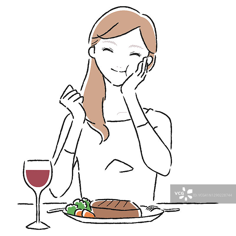 一个年轻女子的画像。女人喜欢在餐馆里吃牛排。图片素材
