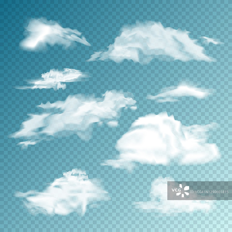 现实的云组。孤立的云在透明的背景。天空全景。矢量设计元素图片素材