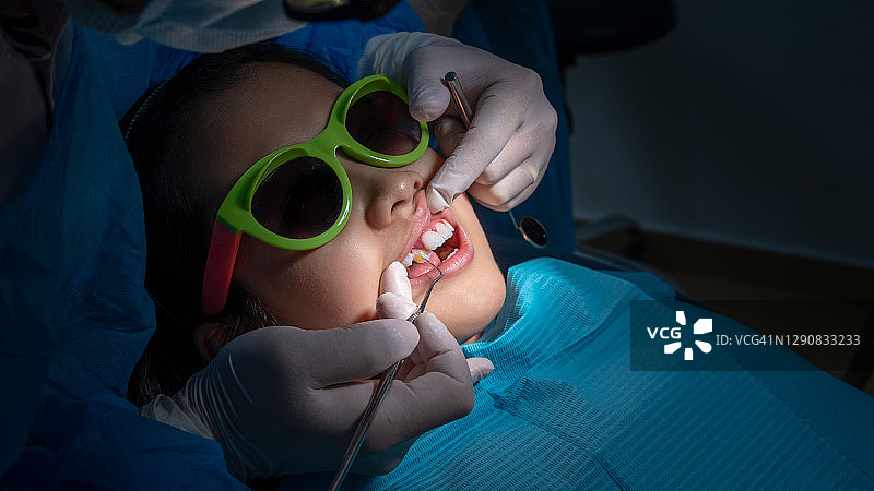 牙科医生在诊所检查病人女孩的牙齿图片素材