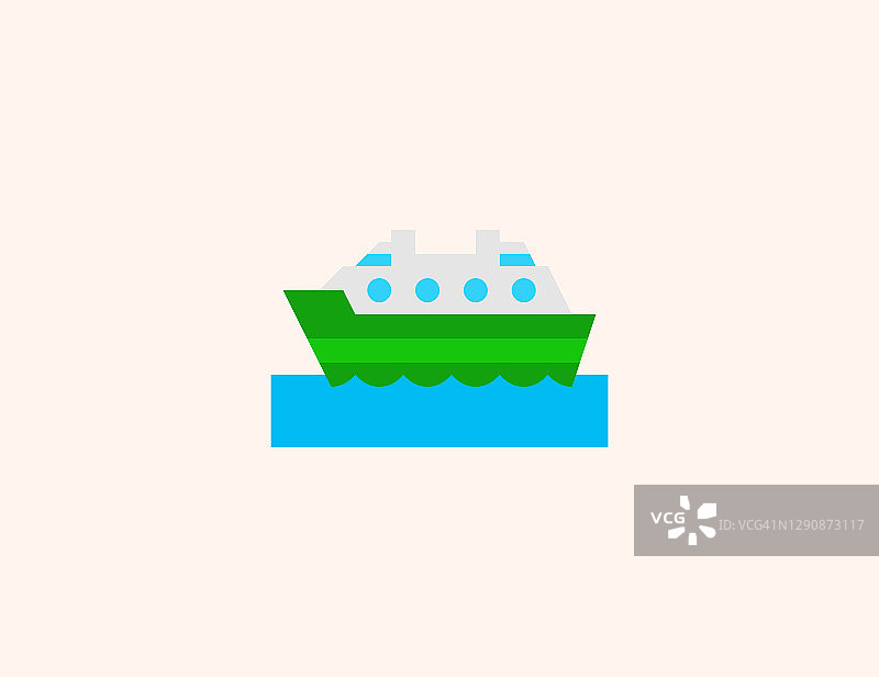 渡船矢量图标。孤立渡轮船，船侧视图平面彩色符号-向量图片素材