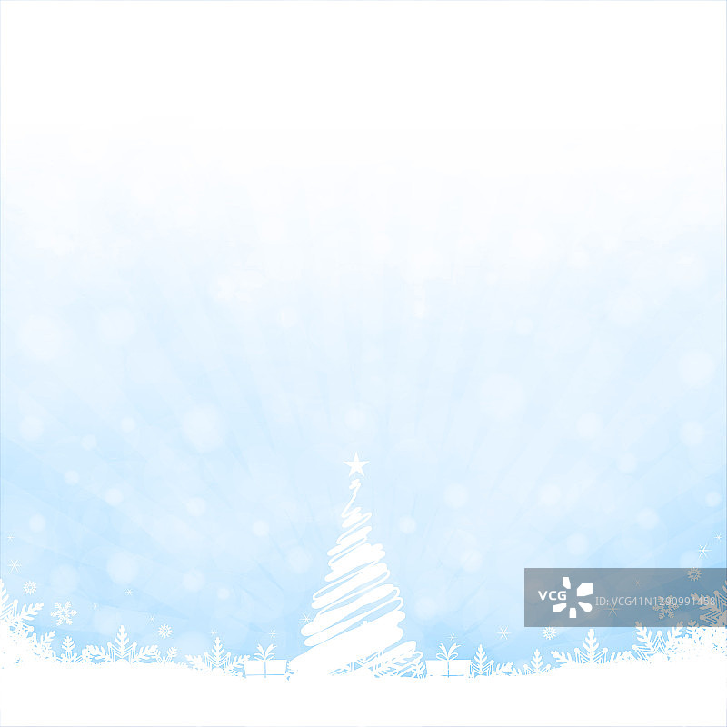 天空蓝色的闪闪发光的圣诞矢量背景雪花和雪在底部和一个白色的抽象树与星星在顶部图片素材
