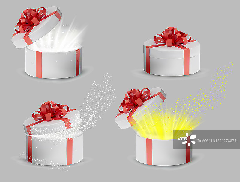 收藏礼物白色盒子在一个金色丝带和蝴蝶结顶部。节日，礼物圆盒子里面有火花和明亮的光线。新年和圣诞节设计。矢量插图。图片素材