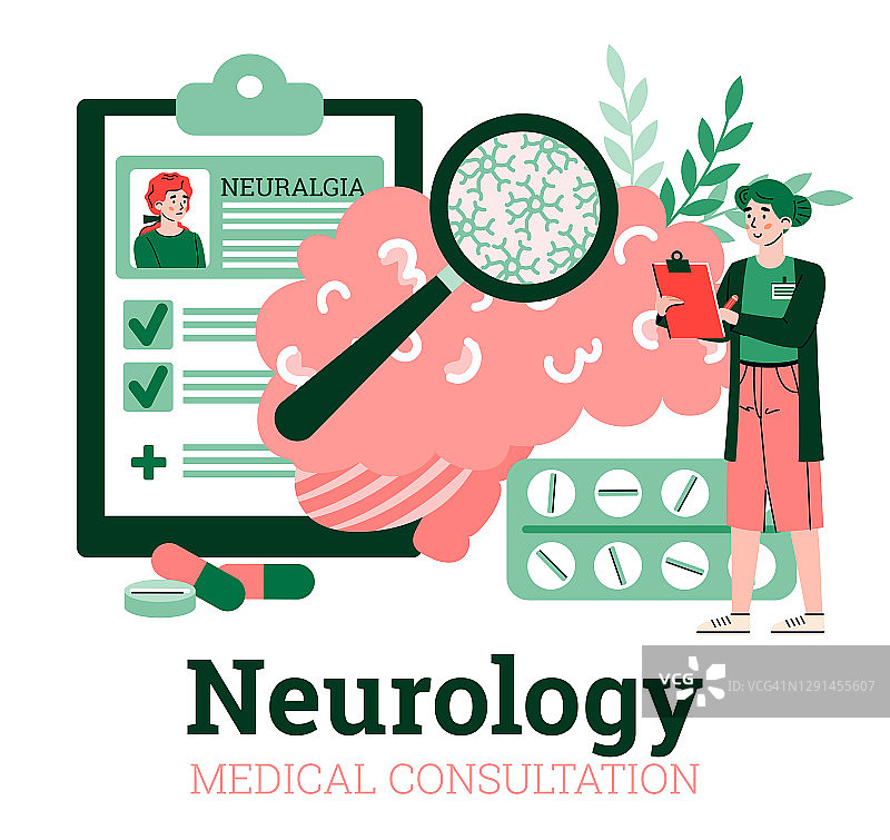 神经病学医疗咨询广告横幅卡通矢量插图。图片素材
