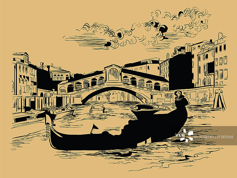 威尼斯手绘矢量插图里亚托桥棕色图片素材