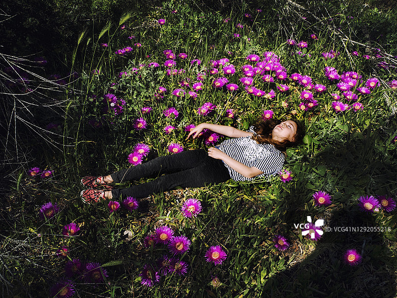一个女孩躺在霍屯都无花果花的田野里，南非图片素材