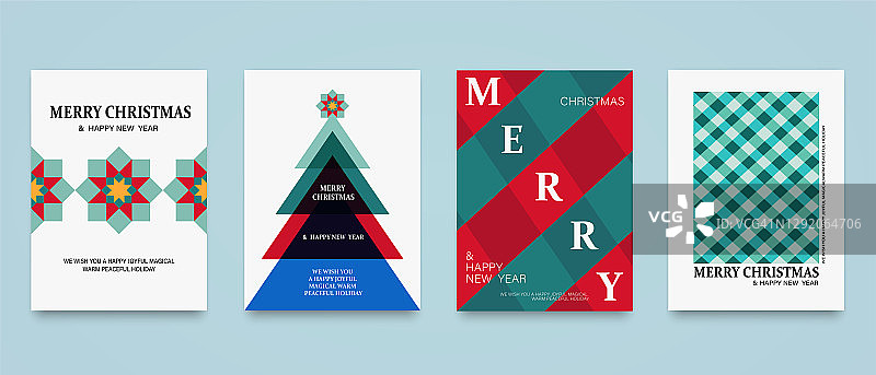 圣诞快乐和新年快乐的背景，海报，封面或卡片。抽象节日模板与圣诞树星，红色和绿色格子纹理。图片素材