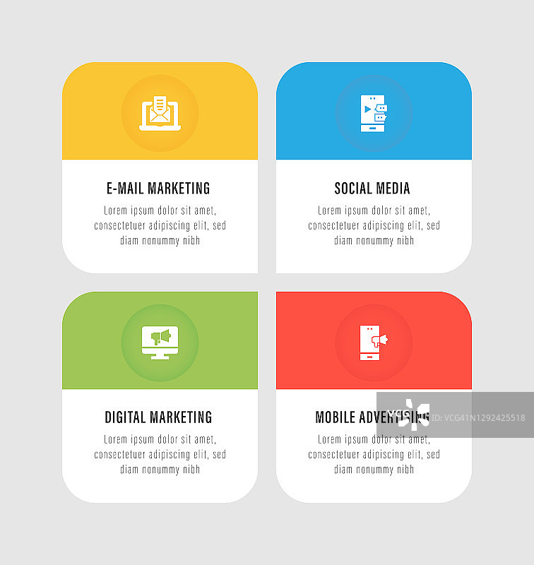 信息图表设计模板。电子邮件营销，社会媒体，移动广告，数字营销图标与4个选项或步骤。图片素材