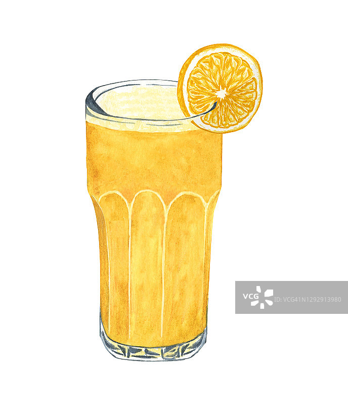 手绘水彩画的夏季新鲜果汁。健康的天然果汁隔离在白色的背景图片素材