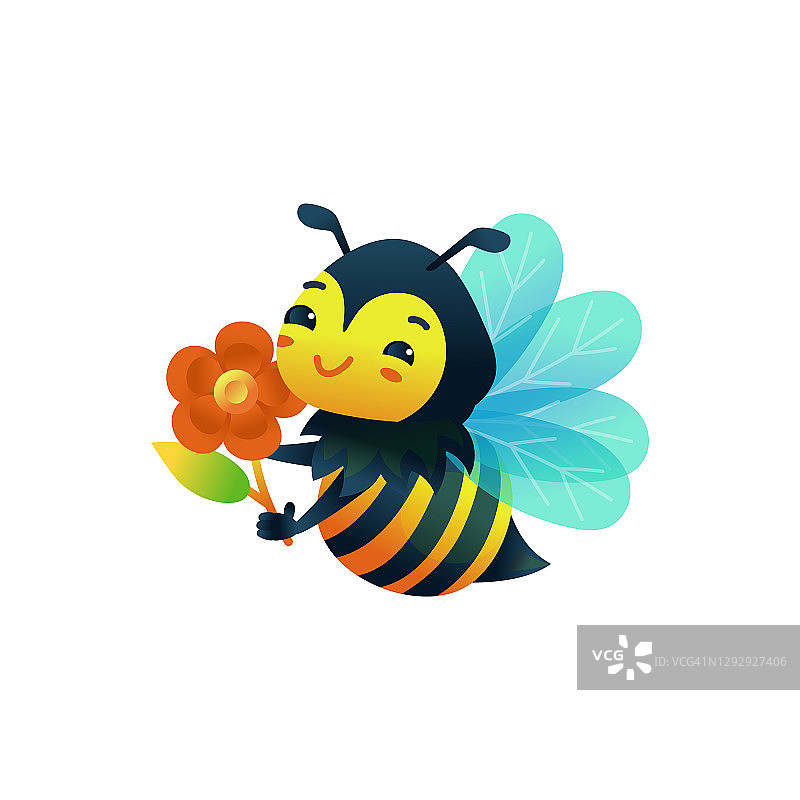 小蜜蜂卡通人物与花平面矢量插图孤立。图片素材