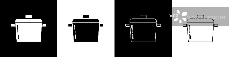 设置烹饪锅图标孤立的黑色和白色背景。煮或炖食物的象征。向量图片素材