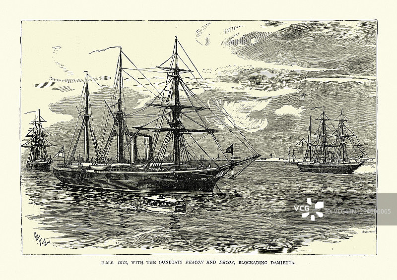 英国-埃及战争期间，HMS Iris和炮艇Beacon和Decoy封锁了Damietta图片素材