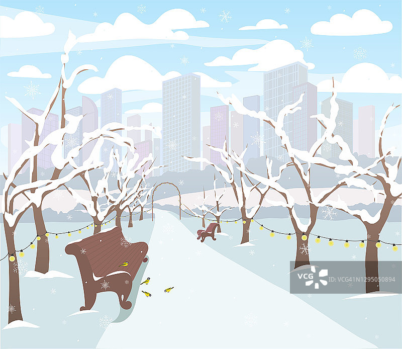 城市冬季公园有白雪覆盖的树木，长椅，小路，鸟和灯笼。城市和城市公园的冬季自然景观。矢量图图片素材