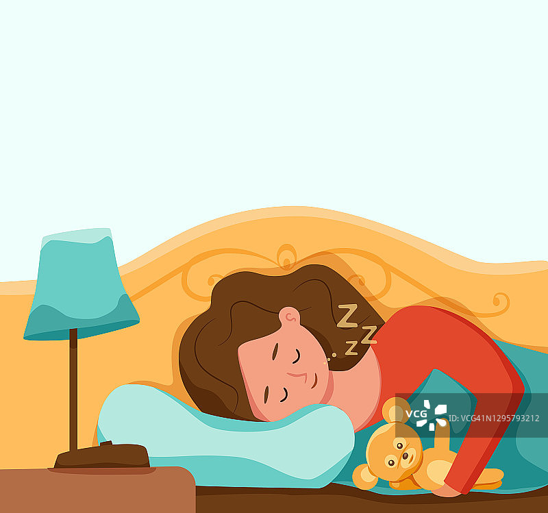 孩子晚上睡在床上矢量插图。穿着睡衣的女孩在卧室做着甜美的梦。健康的生活理念，放松平静，疲惫的女士在睡觉前的枕头上图形卡通色彩设计图片素材