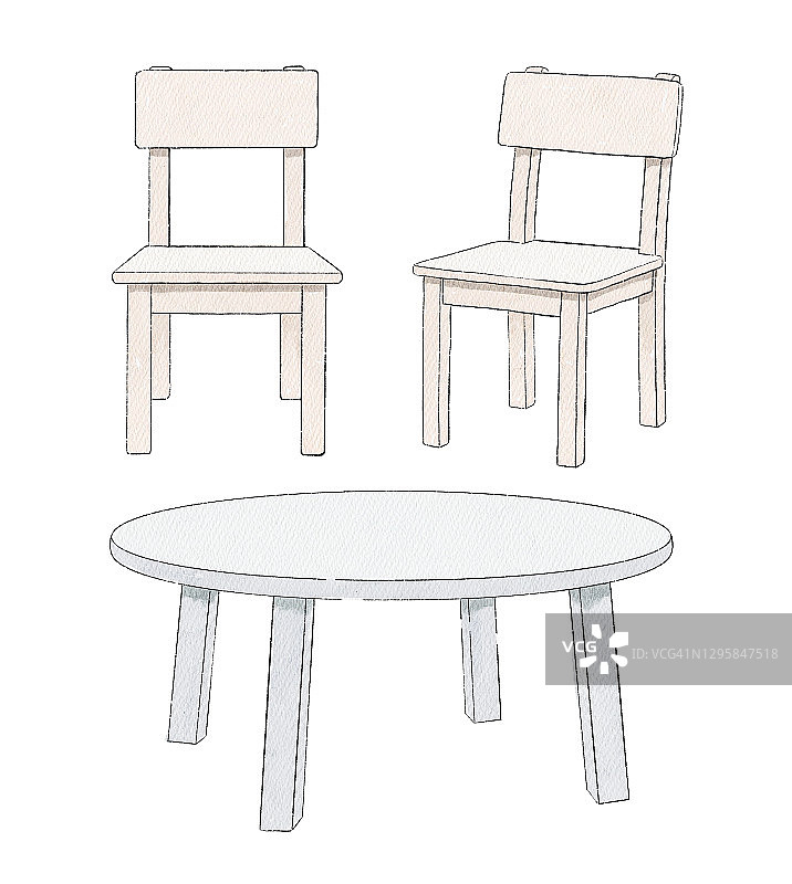 水彩素描与复古卡通两把椅子和桌子图片素材