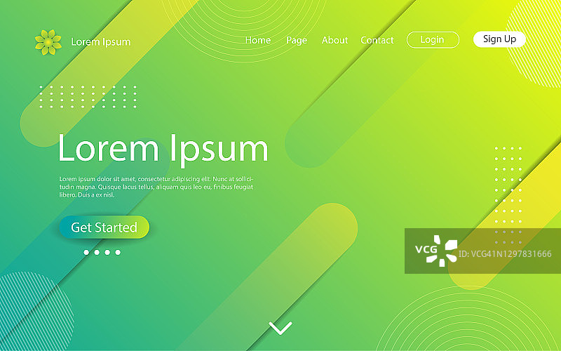 网站登陆页面设计与抽象的几何和动态形状在黄色和绿色的背景。矢量插图eps10。图片素材