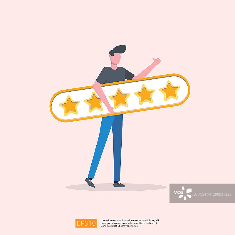 客户评价概念与五星好评反馈。客户满意度和积极的评价体验与星和平面人矢量插图图片素材