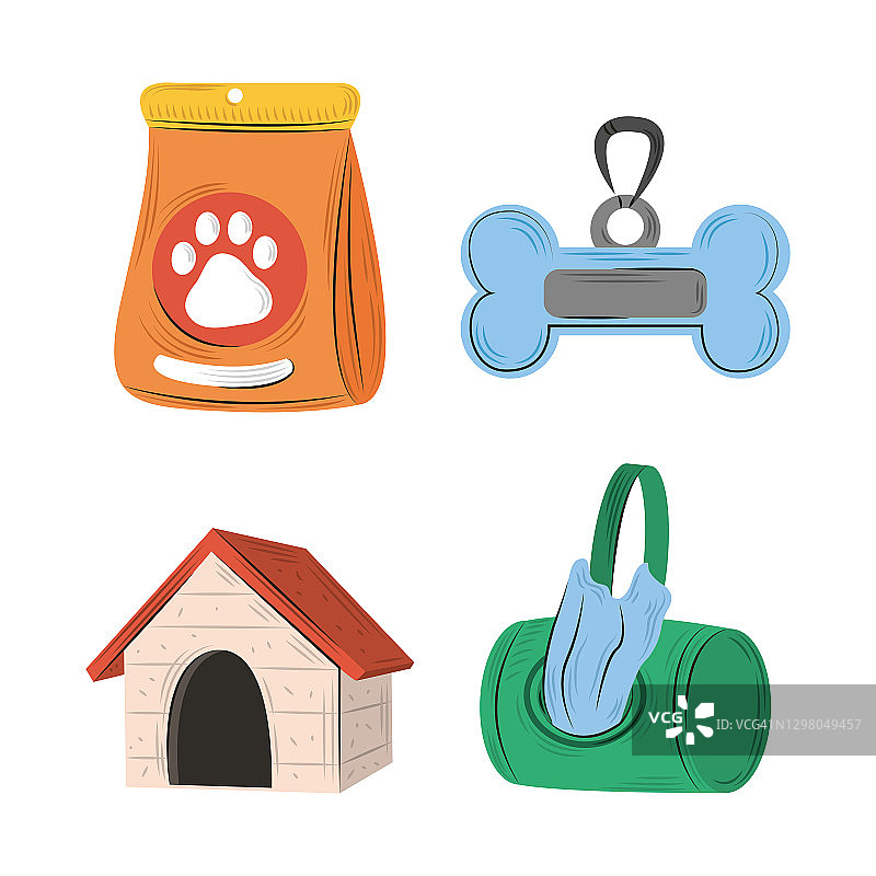 宠物图标设置，食物骨领房子和袋扁平风格图片素材