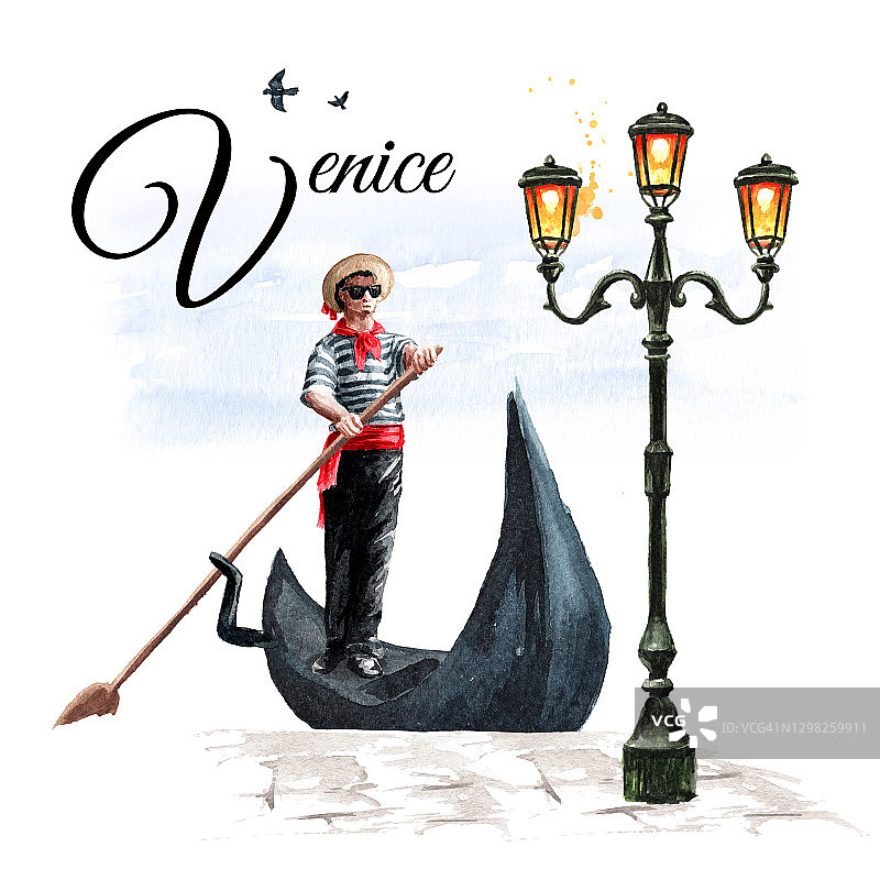 穿着传统服装的威尼斯船夫，在码头附近的贡多拉上，和一盏古老的锻铁路灯。意大利，威尼斯。手绘水彩插图孤立的白色背景图片素材