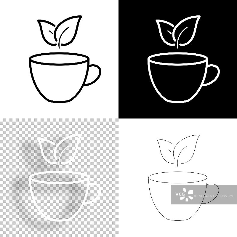 茶杯和茶叶。图标设计。空白，白色和黑色背景-线图标图片素材