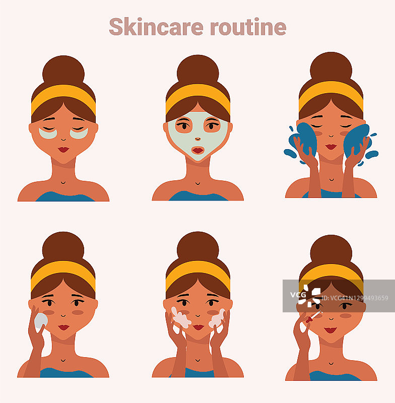 照顾自己脸的女人。护肤步骤。日常护肤程序循序渐进。图片素材