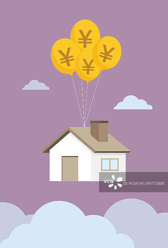 房子由一个日元符号气球漂浮在空中图片素材