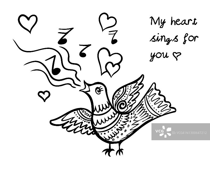 鸟儿用爱心和音符歌唱。浪漫的线条艺术矢量图标孤立的白色背景。图片素材