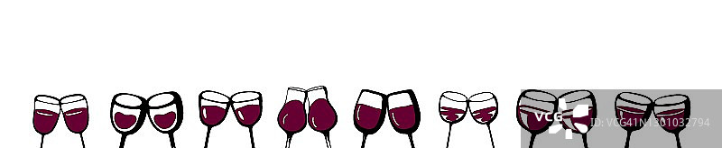 葡萄酒杯集旗帜2葡萄酒杯夫妇爱-收集素描涂鸦水彩葡萄酒杯和玻璃剪影。手绘玻璃与红酒内，孤立的墨水向量集。黑，白，红图片素材