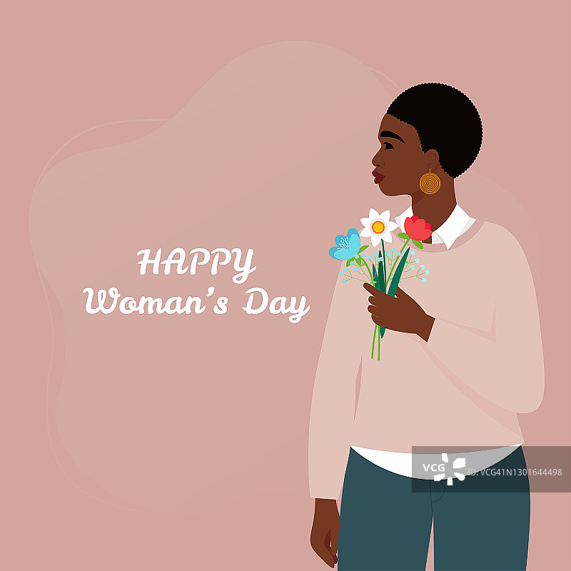 一位美国黑人妇女捧着一束春天的鲜花。国际妇女节的概念。矢量图图片素材