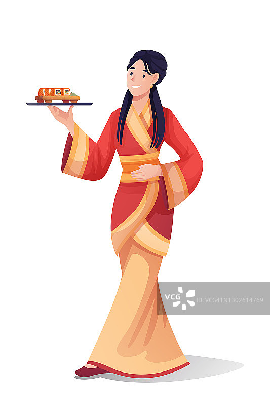 日本寿司店的服务员。拿着一盘食物的年轻女子。亚洲传统美食矢量插图图片素材