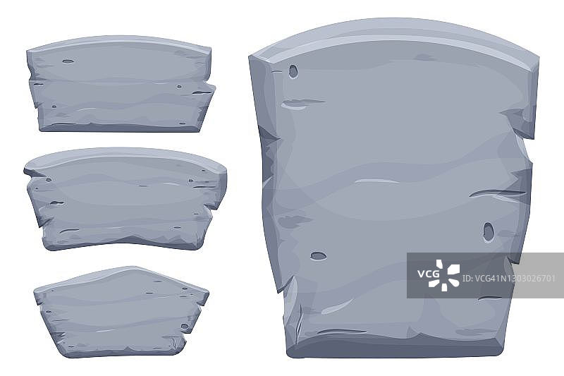一套石碑，岩石旗帜与破裂元素卡通风格孤立在白色背景。灰色边框，块石界面游戏ui。图片素材