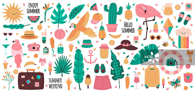夏天的元素。夏季度假饮料、水果、棕榈叶、火烈鸟、鹦鹉和丛林鲜花。可爱的夏季符号向量插图集图片素材