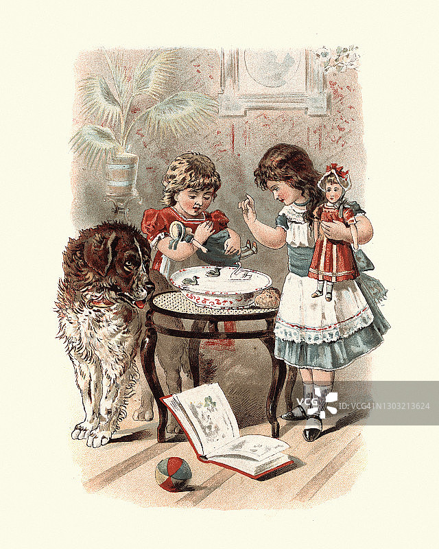 女孩们玩着他们的洋娃娃和宠物狗，这是十九世纪九十年代的维多利亚图片素材