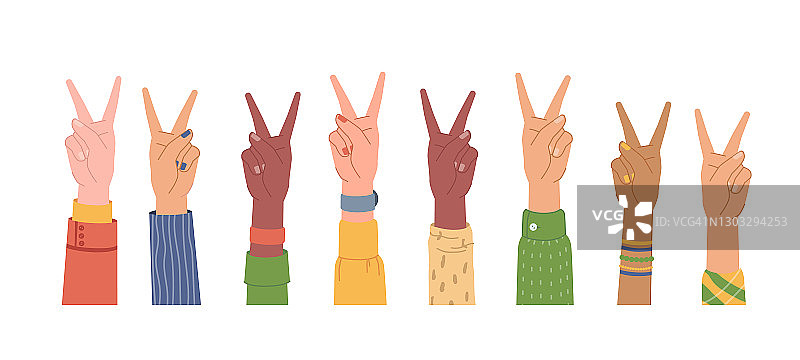 不同民族的双手展示着象征和平与爱的孤立扁平卡通插图。载体多样化的武器，多民族的人，不同的国家，支持和友谊的概念图片素材