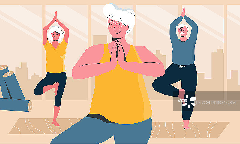 欢快的老年人在做瑜伽在当地瑜伽课水平矢量插图。年长健康问题。为长者举办的保健团体活动。现代生活方式。图片素材