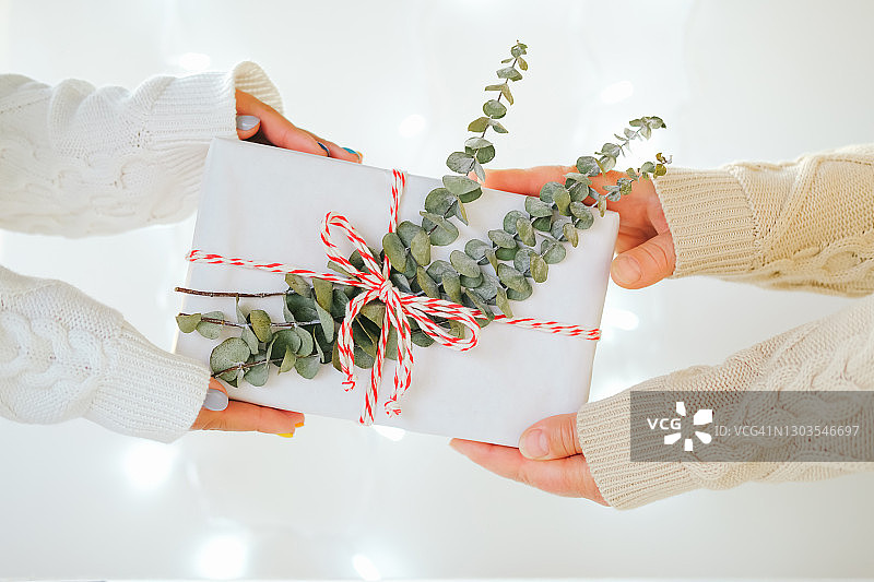 正面的作物匿名的男人和女人在白色针织毛衣拿着礼品盒装饰与新鲜的绿色桉树树枝，而交换圣诞礼物。慈善或赠送礼物的概念图片素材