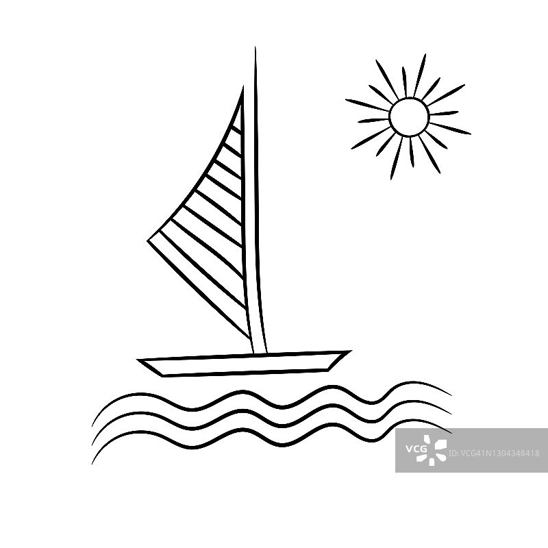 船在海上航行。一个简单的手绘草图。夏季矢量插图在涂鸦风格上的白色背景。图片素材