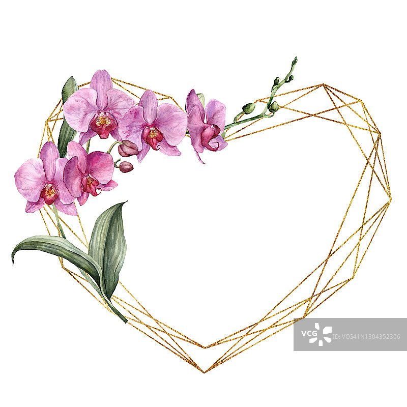 水彩黄金框架与心和粉红色兰花。手绘多边形边界与花和叶孤立在白色的背景。植物爱情的例证。欢迎模板的设计。图片素材