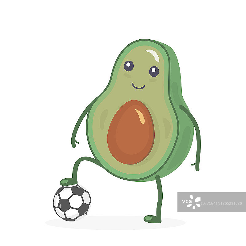 卡哇伊玩足球。食物。绿油油的水果摊上，一只脚踩着一个足球。运动。白色背景。矢量插图。可爱的孤立图片素材