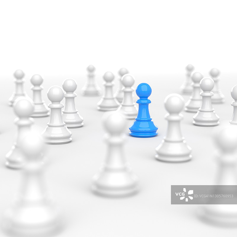 领导理念，蓝兵棋，从白兵中脱颖而出，以白棋为背景图片素材