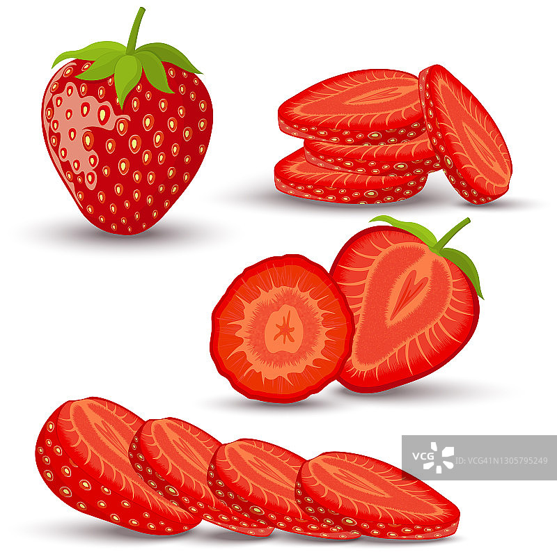 的草莓。整个，切片，半个草莓孤立在白色的背景上。矢量图标。图片素材