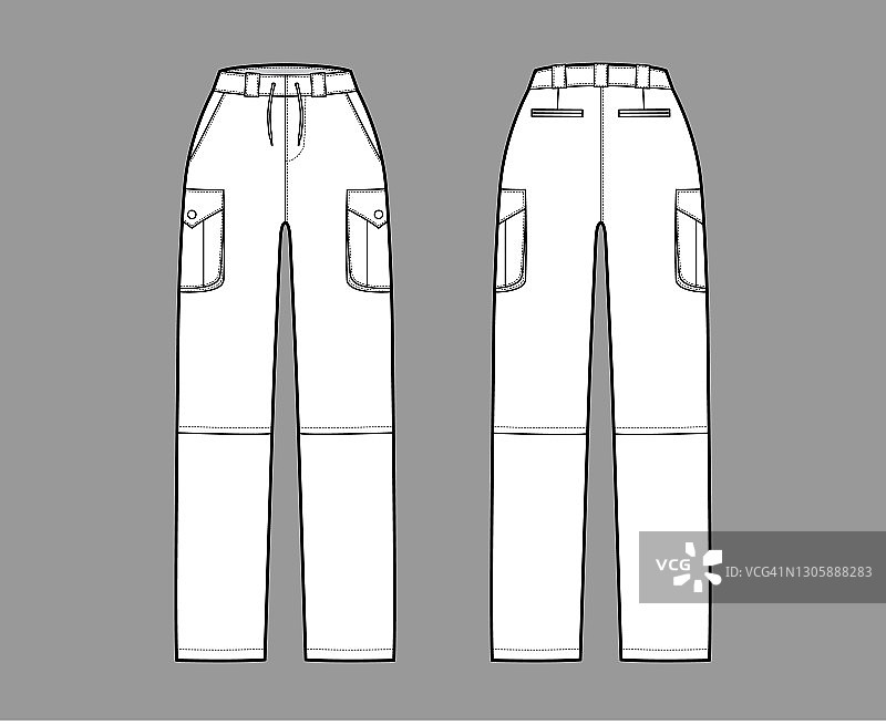 一套拉链可转换的裤子技术时尚插图与正常的腰，高层，箱子货物喷气口袋图片素材