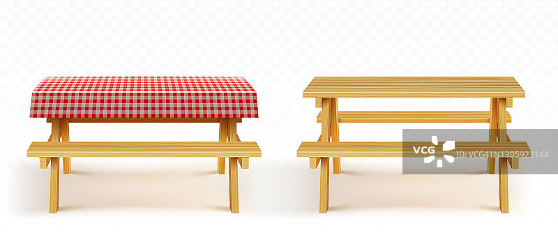木制的野餐桌，有长凳和桌布图片素材