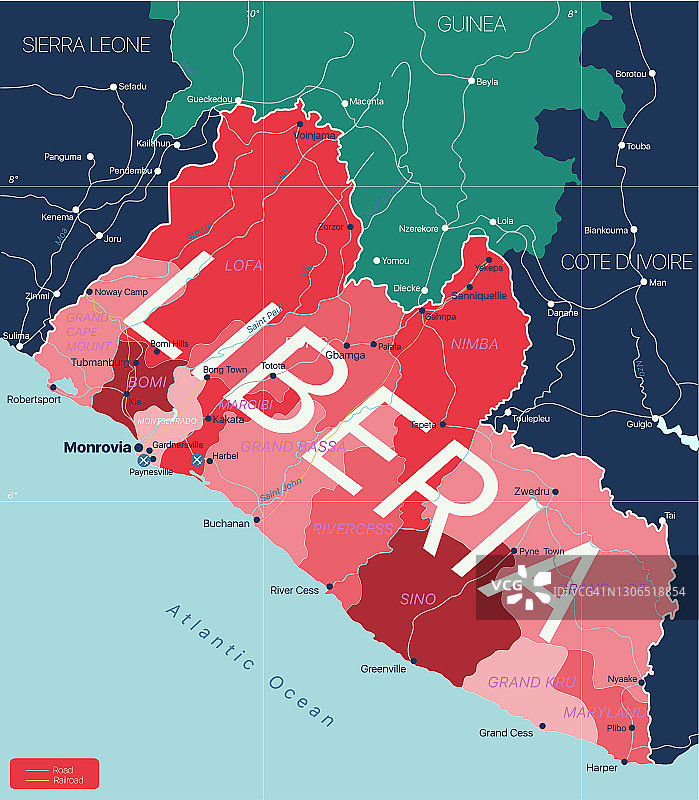 利比里亚国家详细的可编辑地图图片素材