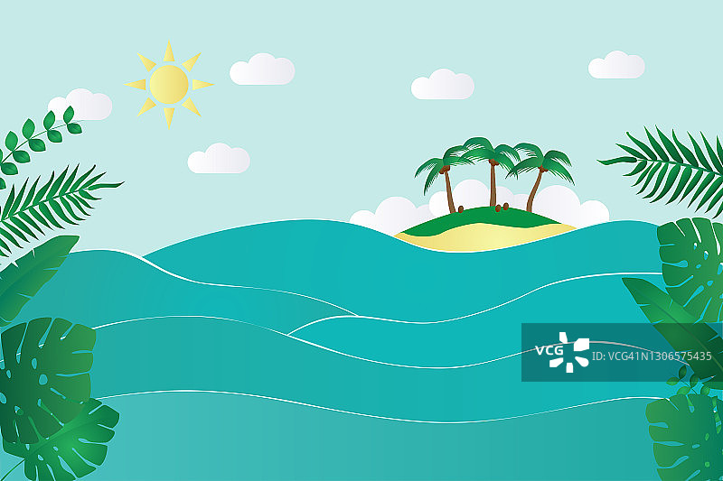 绿松石波浪的大海和岛屿与异国情调和热带树叶框架图片素材