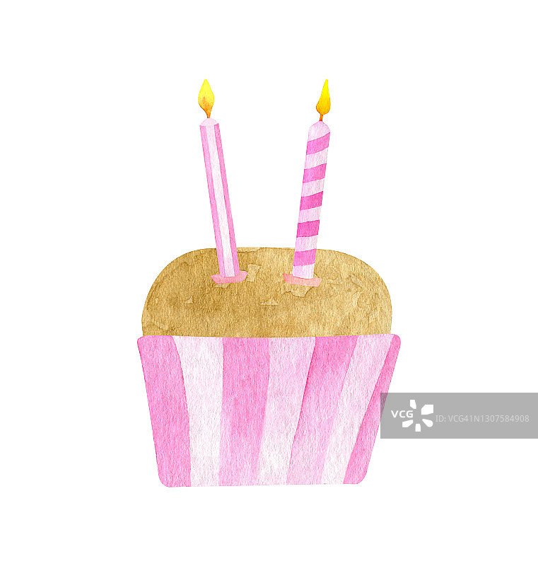 水彩生日蛋糕，两支蜡烛。手绘可爱的饼干纸杯蛋糕在粉红色的纸衬里。甜点插图孤立在白色背景。小女孩2岁生日图片素材