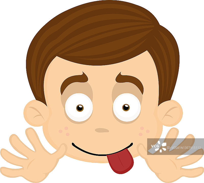 矢量emoticon插图卡通的一个男孩的头与快乐的表情，举起双手和伸出舌头图片素材
