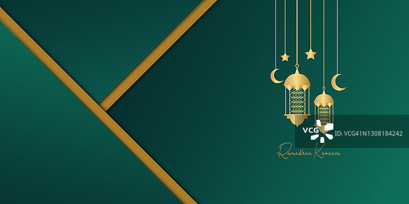 金色和深绿色的托斯卡斋月背景与灯笼，月亮和月牙装饰。伊斯兰贺卡的设计理念。豪华阿拉伯式图案阿拉伯东方风格的封面，小册子，传单，横幅图片素材