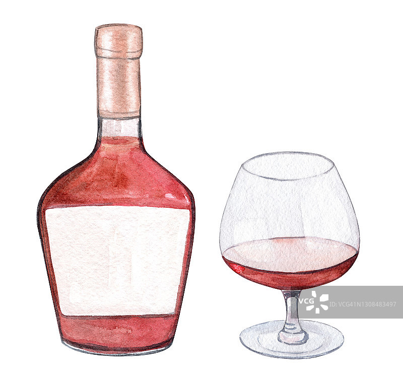 水彩干邑瓶和玻璃隔离在白色背景图片素材